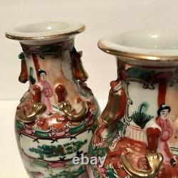 PAIR of Antique Chinese Canton Mandarin Vases Famille Rose Court Scene Porcelain