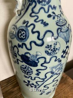 Pair Antique Chinese Blue & White Celadon Porcelain Baluster Vases