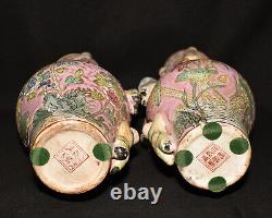 Pair Antique Chinese Fertility Vases Pink Hand Painted Porcelain Vases Red Mark