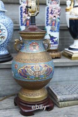Pair Antique Chinese Vase Lamps Brass Base Hand Painted Tall & Skiny