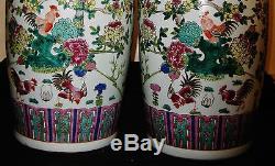 Pair Antique Huge Chinese Poly-Chrome Hand Painting Porcelain Vase, 19th C, NR