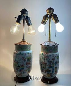 Pair Antique Qing Chinese Export Chinoiserie Famille Verte Porcelain Vase Lamps