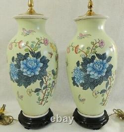 Pair Antique/Vtg Chinese Asian 33 Porcelain FLOWERS BIRDS Vase Table Lamps