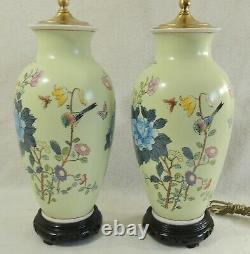 Pair Antique/Vtg Chinese Asian 33 Porcelain FLOWERS BIRDS Vase Table Lamps