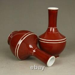 Pair Chinese Antique Vase 1966 Porcelain Red Lined Bamboo Neck Asian China