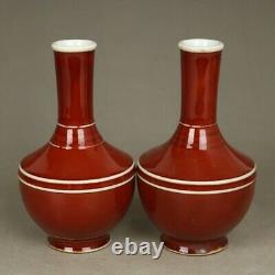 Pair Chinese Antique Vase 1966 Porcelain Red Lined Bamboo Neck Asian China