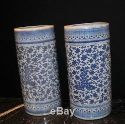 Pair Chinese Blue White Porcelain Umbrella Stands Tall Urns Vases Ming