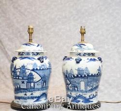 Pair Chinese Blue and White Porcelain Table Lamps Kangxi Ginger Urn Lights