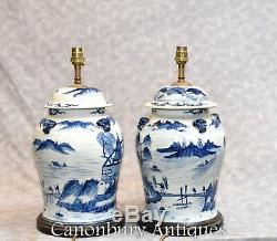 Pair Chinese Blue and White Porcelain Table Lamps Kangxi Ginger Urn Lights