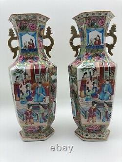 Pair Chinese Export Porcelain Famille Rose Square Vases