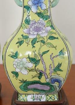 Pair Chinese Porcelain Famille Verte Elephant Handle Vase Lamps Six Character Mk