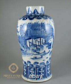 Pair Of Antique Chinese Qing Porcelain Vases Blue & White Lakeside Palace
