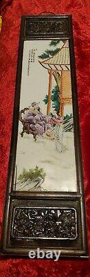 Pair Of Chinese Porcelain Hand Painted Large Plaques Wood Framed