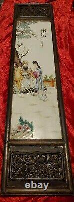 Pair Of Chinese Porcelain Hand Painted Large Plaques Wood Framed