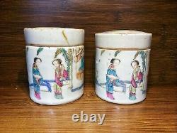Pair Of Guangxu Chinese Antique Porcelain Famille Rose Pot With Ladies 19th C