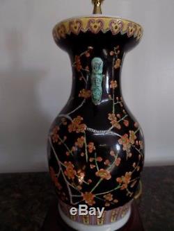 Pair Of Lamps Chinese Porcelain Famille Noire Vintage 29 Tall Pre-wwii