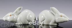 Pair Of Old Chinese Porcelain Statues Figurines Of White Glazed Rabbits
