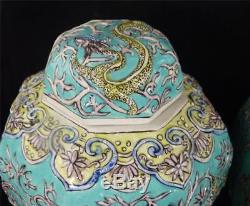 Pair Oriental Porcelain Ginger Jars & Covers Chinese Japanese Turquoise Dragons