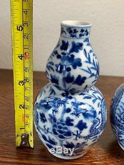 Pair Qing Chinese Blue & White Kangxi Style Dragon Porcelain Double Gourd Vases