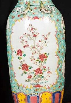 Pair XL Chinese Famille Rose Porcelain Vases Urns Amphora Ceramic Pottery