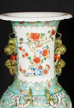 Pair XL Chinese Famille Rose Porcelain Vases Urns Amphora Ceramic Pottery
