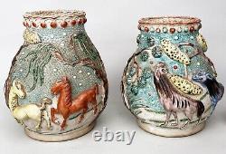 Pair of 19th C. Nanking Famille Verte Relief-Decorated Hu-Shaped Landscape Vases
