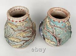 Pair of 19th C. Nanking Famille Verte Relief-Decorated Hu-Shaped Landscape Vases