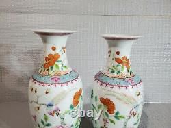 Pair of 2 10 Antique Chinese Famille Rose Porcelain Vase with Flowers, Birds