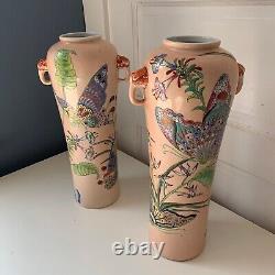 Pair of Antique Chinese Famille Rose Pink Porcelain Vases Butterfly