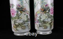Pair of Antique Chinese Porcelain 13 Vases Famille Rose Bird Floral Peony