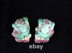 Pair of Antique Chinese Porcelain Famille Verte Foo Dog/ Lion 6-1/8 Figurines