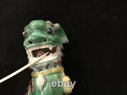Pair of Antique Chinese Porcelain Famille Verte Foo Dog/ Lion 6-1/8 Figurines