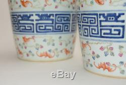 Pair of Chinese Blue and White Ribbon Famile Rose Bat Cloud Porcelain Flower Pot