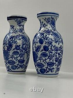 Pair of Chinese Chinoiserie Blue & White Porcelain Vases 6 Vintage Preowned