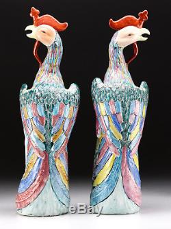 Pair of Chinese Famille Rose Polychrome Enameled Porcelain Figures Phoenix Birds