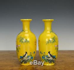 Pair of Chinese Famille Rose Yellow Ground Enamel Porcelain Vase