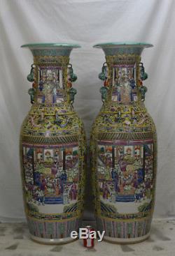 Pair of Huge Chinese Famille Jaune Figure Floor Porcelain Vase