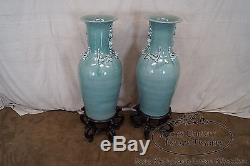 Pair of Monumental Chinese Celadon Palace Vases on Hardwood Stands