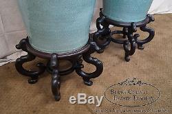 Pair of Monumental Chinese Celadon Palace Vases on Hardwood Stands
