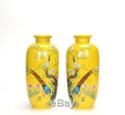 Pair of Yellow Glazed Ground Chinese Famille Rose Enamel Porcelain Vase