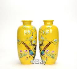 Pair of Yellow Glazed Ground Chinese Famille Rose Enamel Porcelain Vase