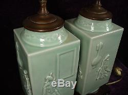 Pr antique Chinese celadon porcelain vase mounted lamps