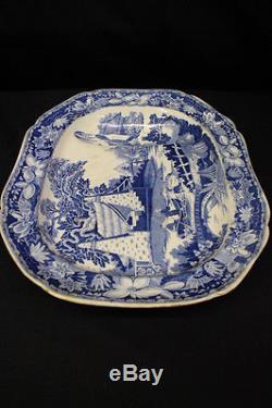 Rare 1820's English Chinese Fisher Boys Blue Transferware Footed Platter