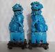 Rare Antique Pair Chinese Turquoise Blue Porcelain Foo Dogs Fitted Wood Stand