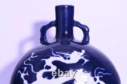 Rare Chinese Hand Painting Offering Blue Porcelain Dragon Vase