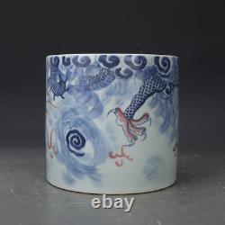 Rare Chinese Hand Painting Underglaze Red Porcelain Dragon Brush Pot