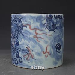 Rare Chinese Hand Painting Underglaze Red Porcelain Dragon Brush Pot