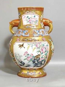 Rare Qing Dynasty Chinese Porcelain Famille Rose Gilted Gold Flower Bird Vase