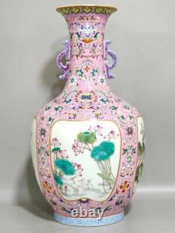 Rare Qing Dynasty Chinese Porcelain Famille Rose Lotus Flower Duo Handle Vase