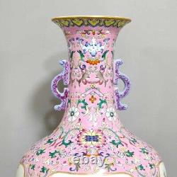 Rare Qing Dynasty Chinese Porcelain Famille Rose Lotus Flower Duo Handle Vase